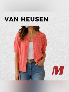 👍GUC VAN HEUSEN | M | Feminine Coral Pink Lace Lightweight knit Cardigan